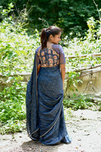 Navy blue jute saree with heavy hand worked blouse