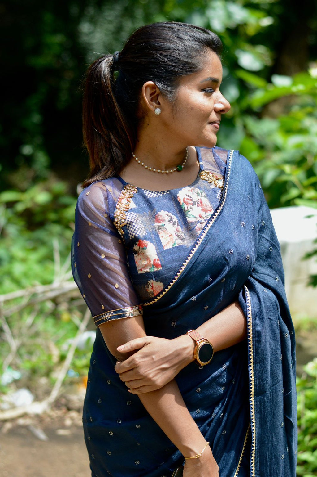 Navy blue jute saree with heavy hand worked blouse