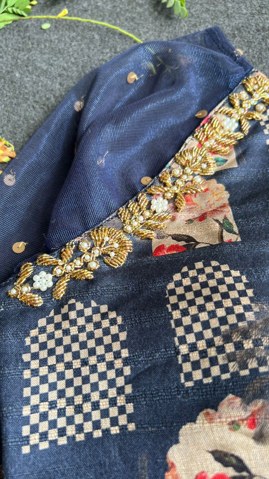 Navy blue jute saree with heavy hand worked blouse