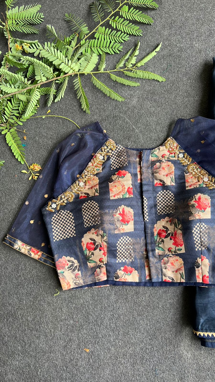 Navy blue jute saree with heavy hand worked blouse
