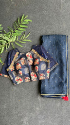 Navy blue jute saree with heavy hand worked blouse