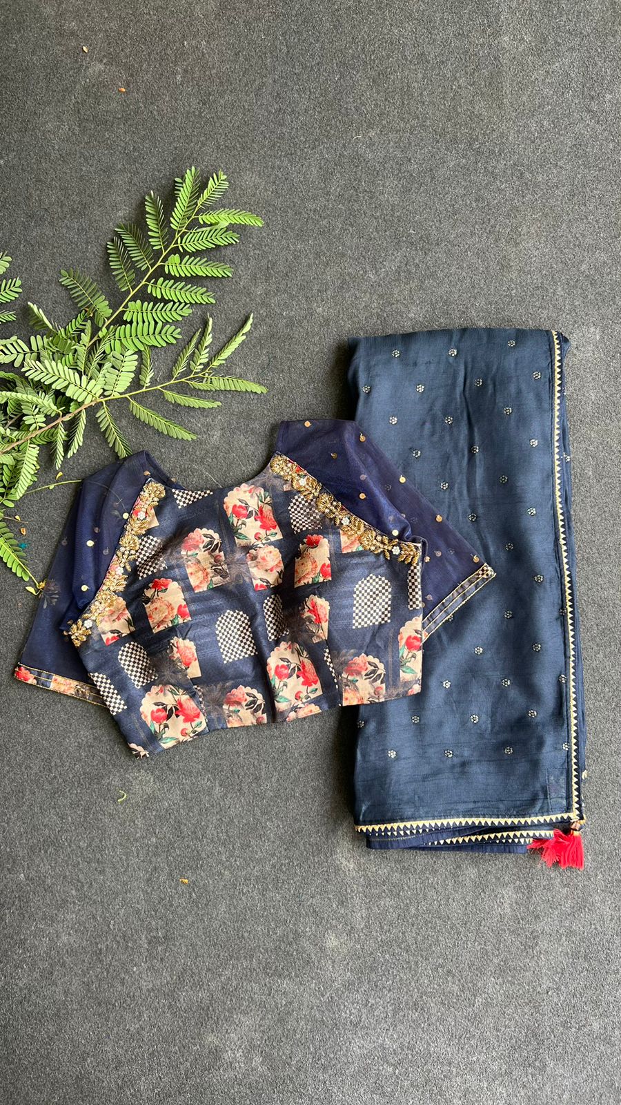 Navy blue jute saree with heavy hand worked blouse