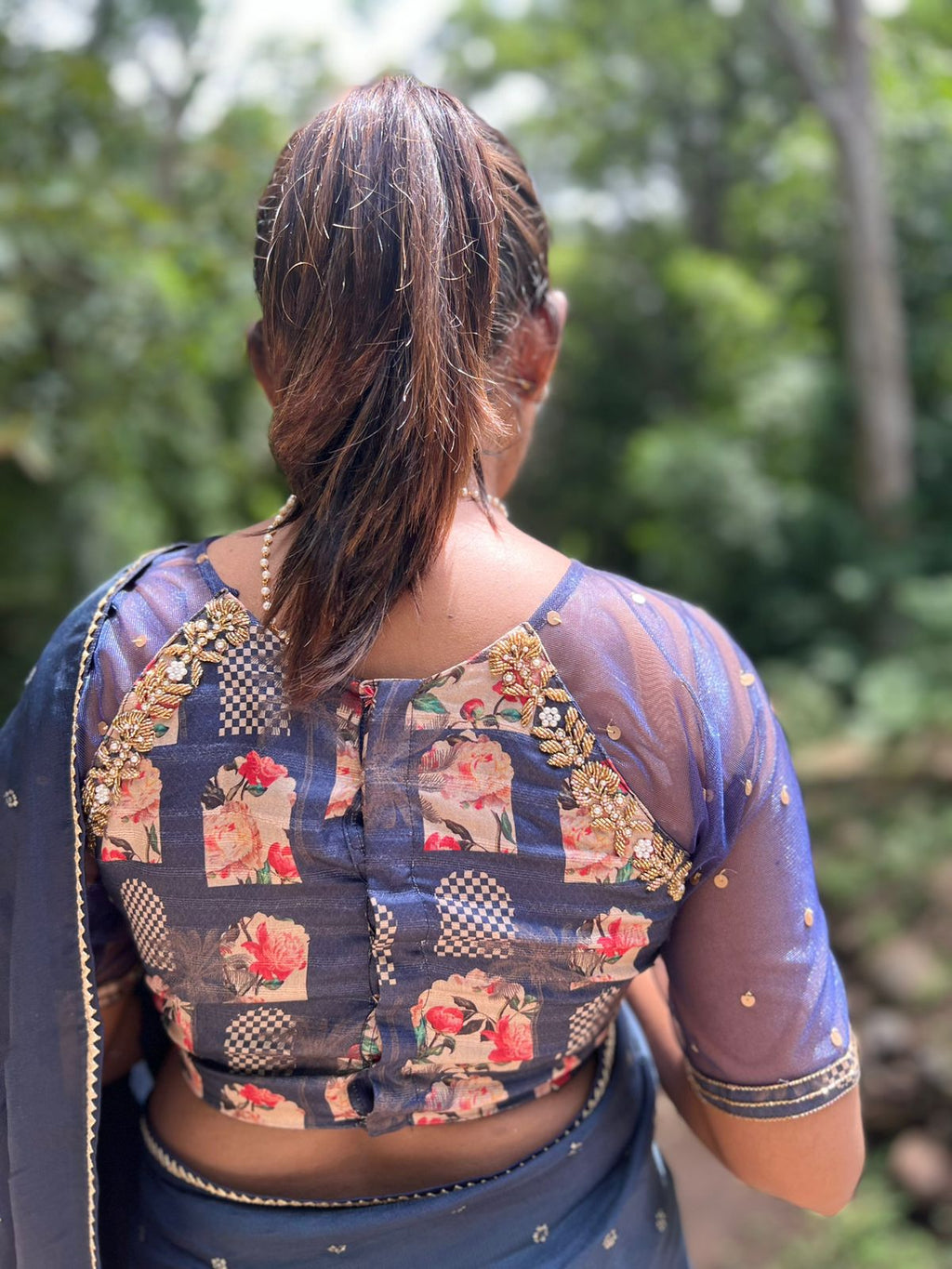 Navy blue jute saree with heavy hand worked blouse
