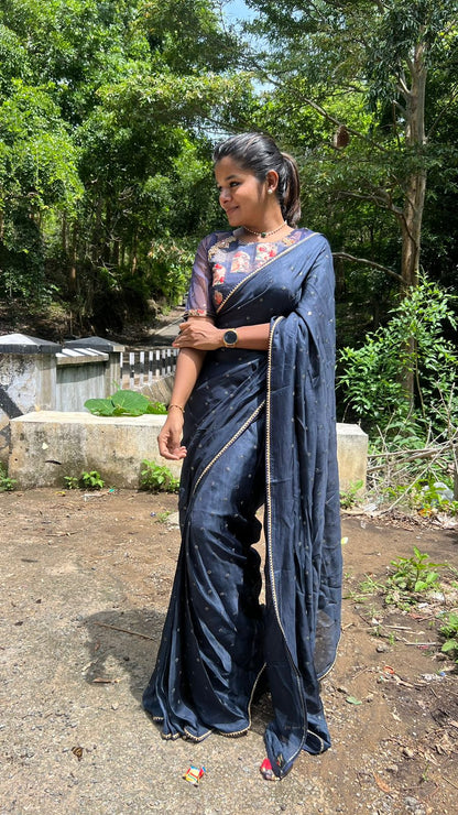 Navy blue jute saree with heavy hand worked blouse