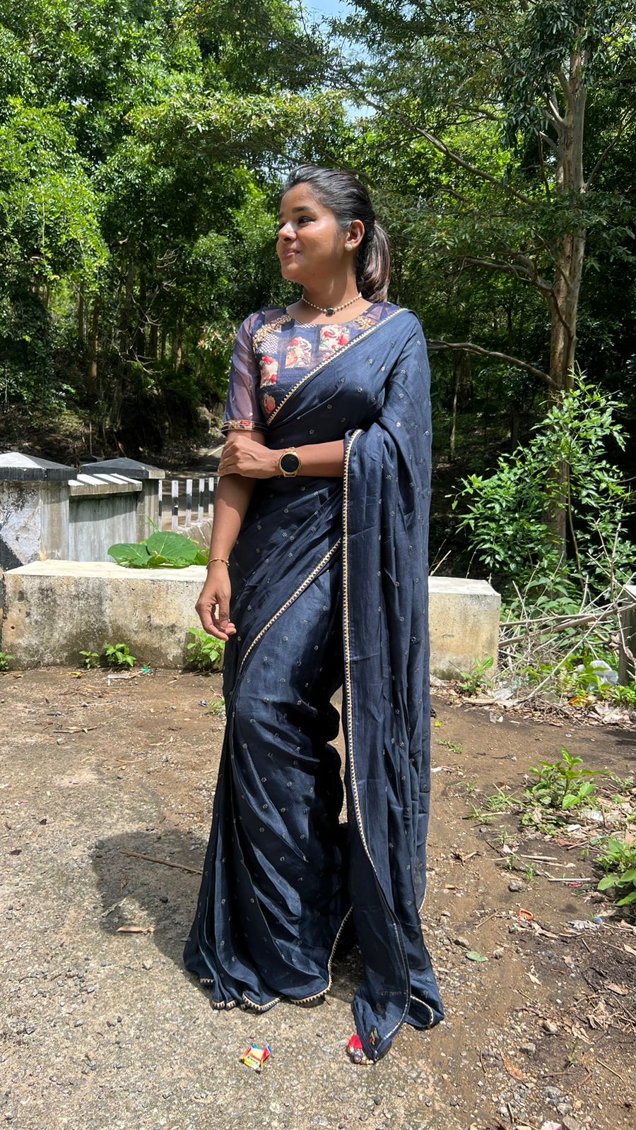 Navy blue jute saree with heavy hand worked blouse