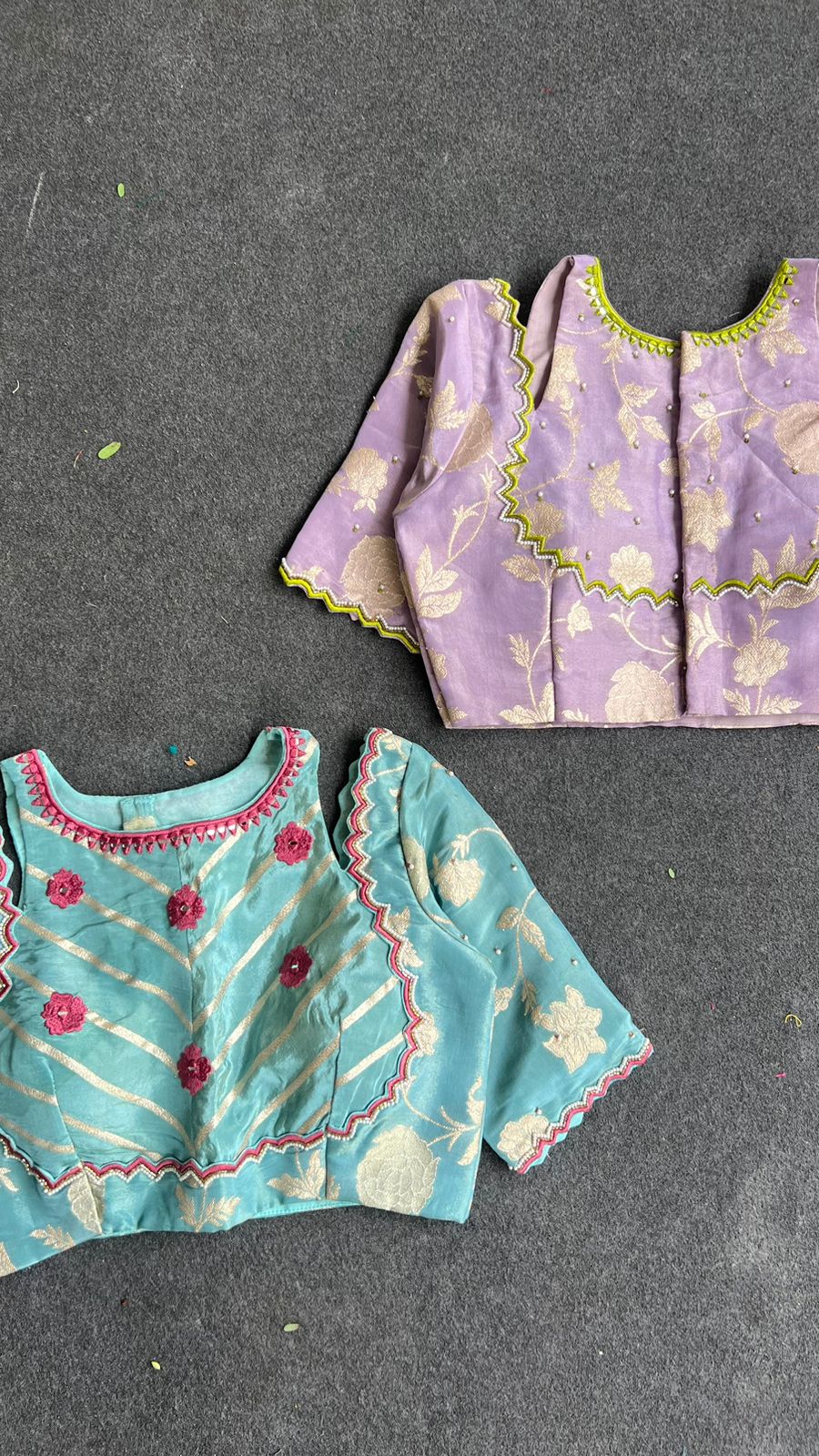Blue floral jacquard Intricate JEWEL hand work blouse