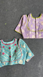 Blue floral jacquard Intricate JEWEL hand work blouse