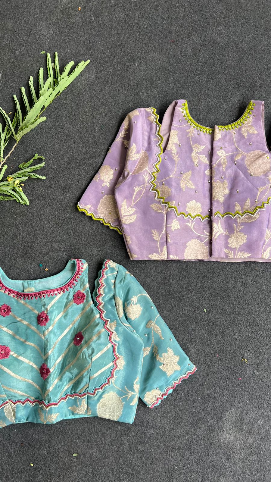Blue floral jacquard Intricate JEWEL hand work blouse