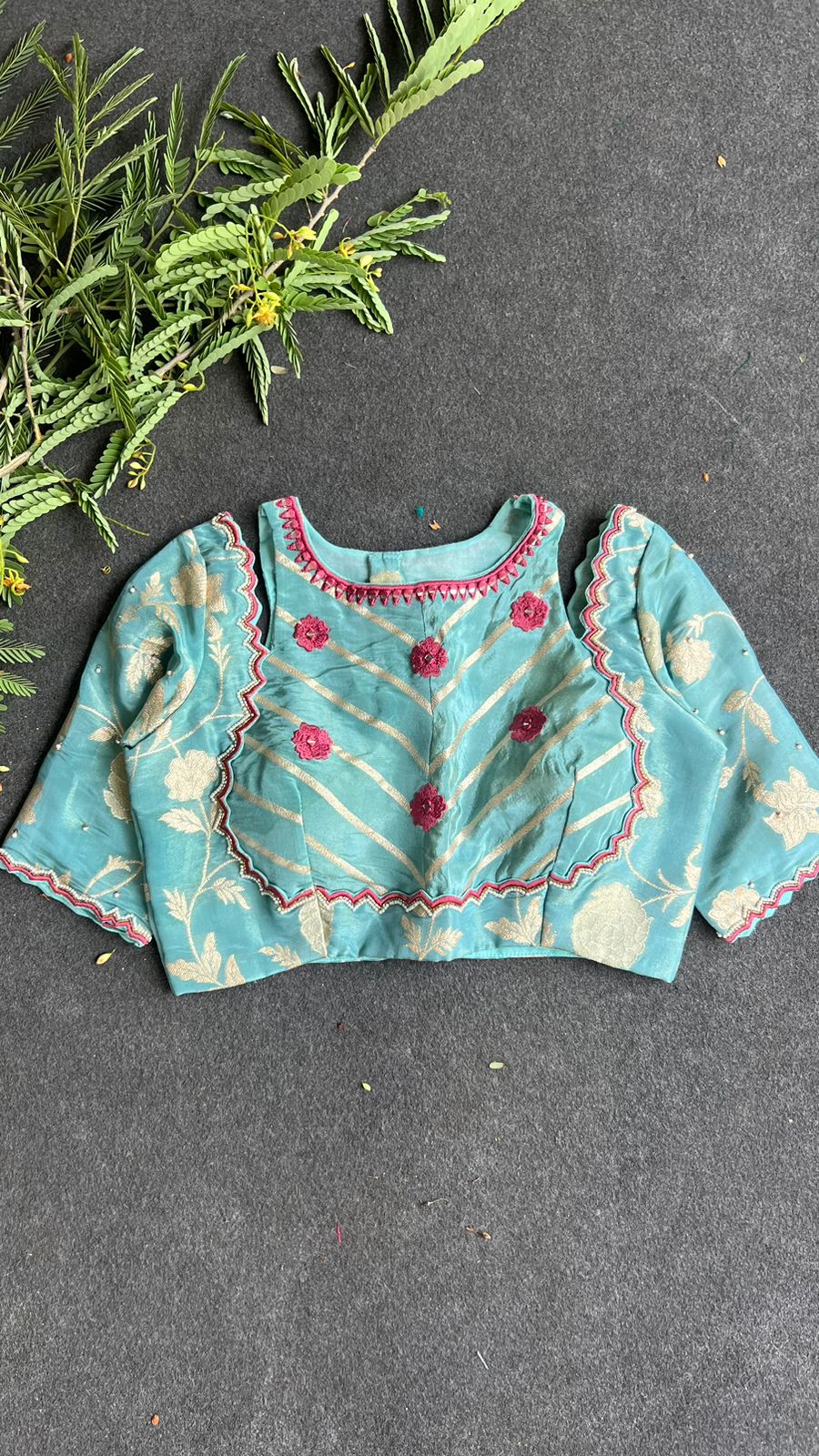 Blue floral jacquard Intricate JEWEL hand work blouse