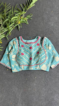 Blue floral jacquard Intricate JEWEL hand work blouse