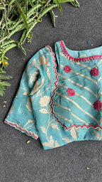 Blue floral jacquard Intricate JEWEL hand work blouse