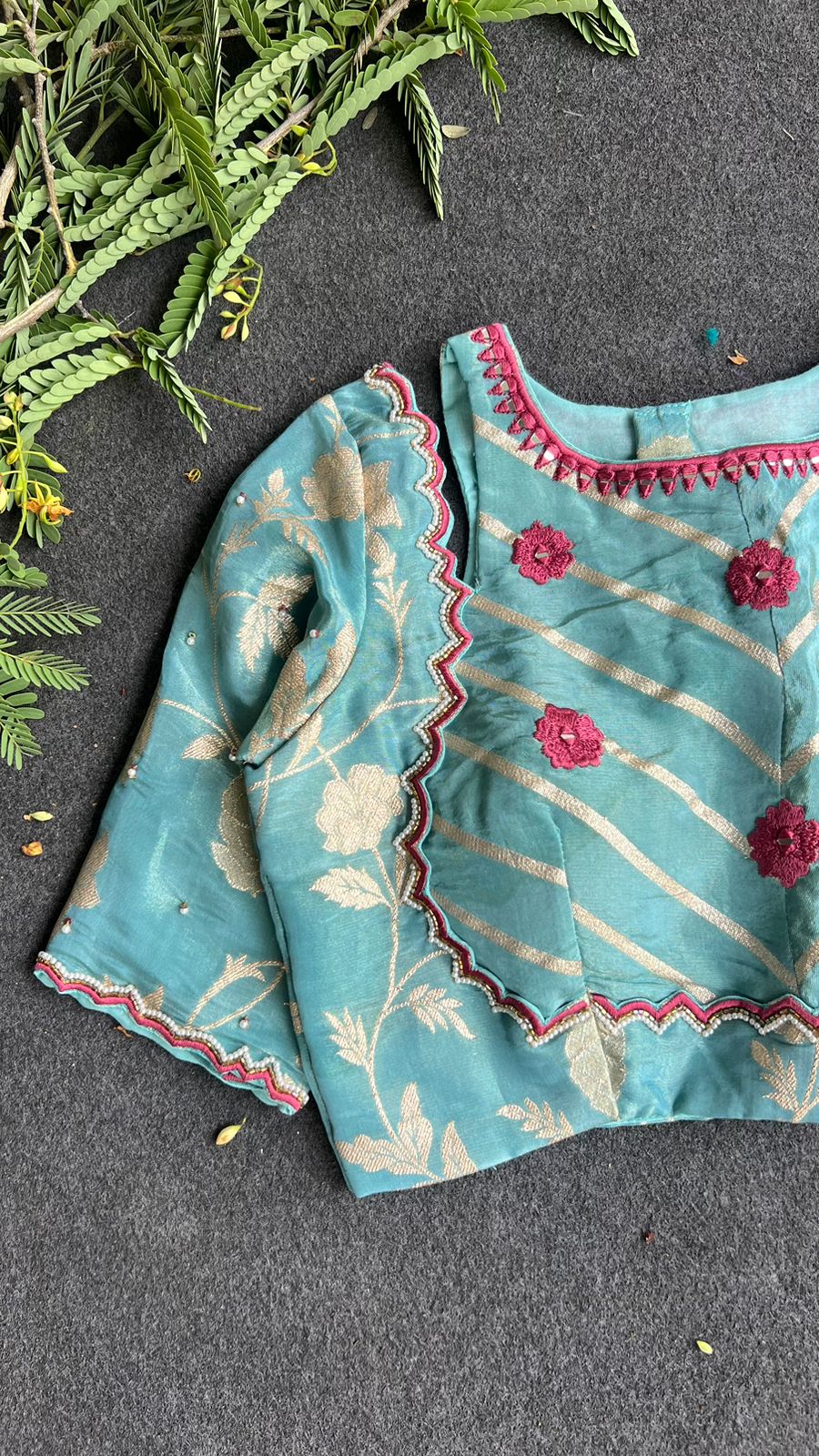 Blue floral jacquard Intricate JEWEL hand work blouse
