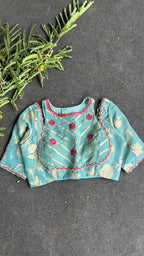 Blue floral jacquard Intricate JEWEL hand work blouse