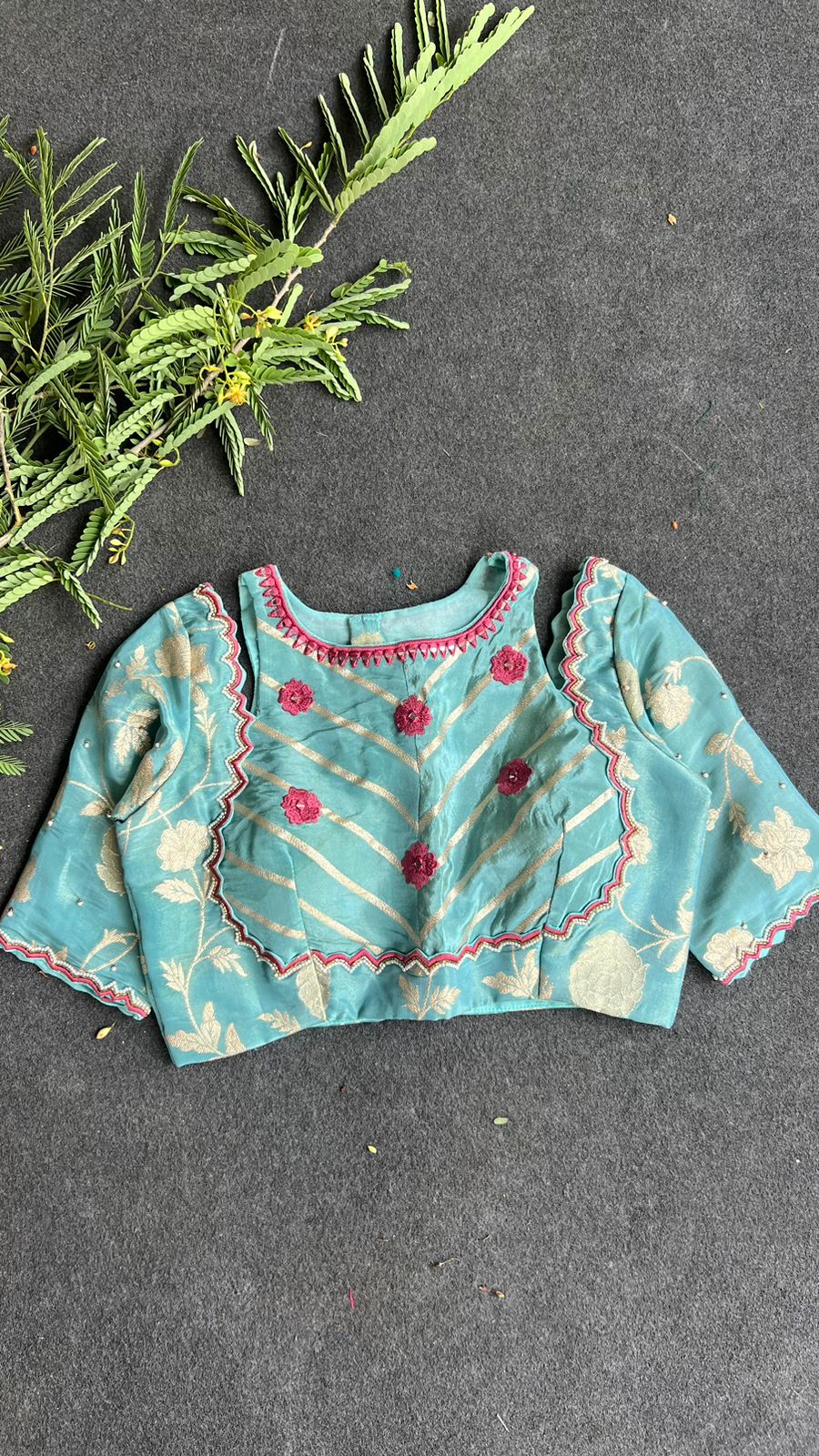 Blue floral jacquard Intricate JEWEL hand work blouse