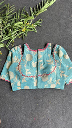 Blue floral jacquard Intricate JEWEL hand work blouse
