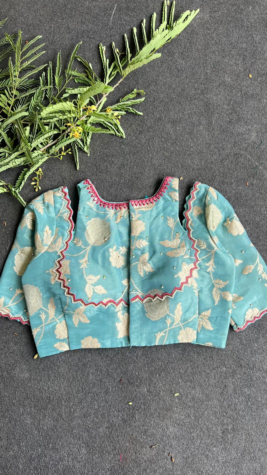 Blue floral jacquard Intricate JEWEL hand work blouse