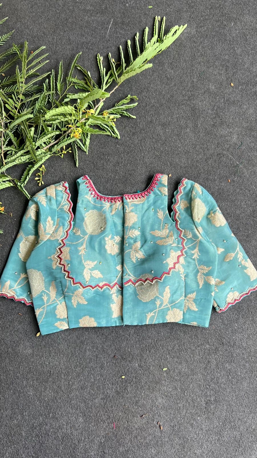 Blue floral jacquard Intricate JEWEL hand work blouse