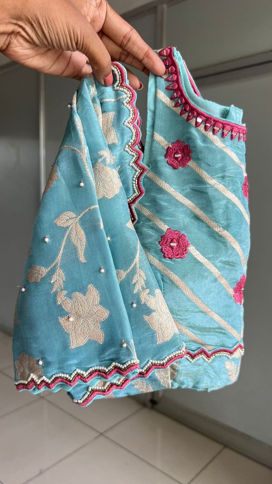 Blue floral jacquard Intricate JEWEL hand work blouse
