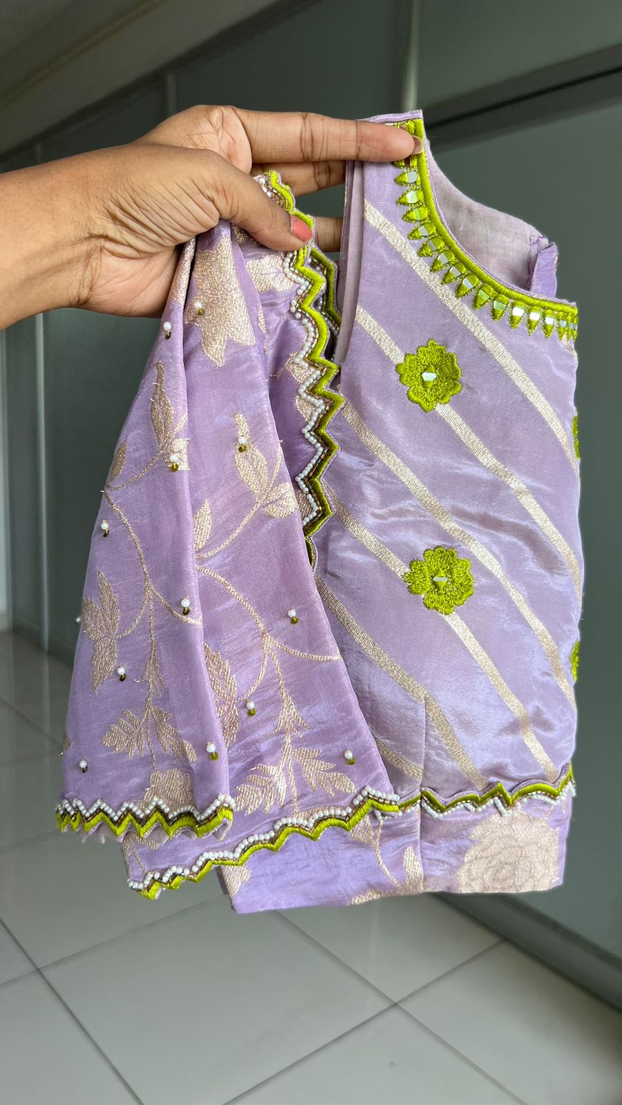 Lavender floral jacquard Intricate JEWEL hand work blouse