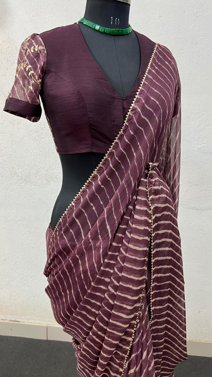 wine chiffon lehariya saree with embroidery blouse