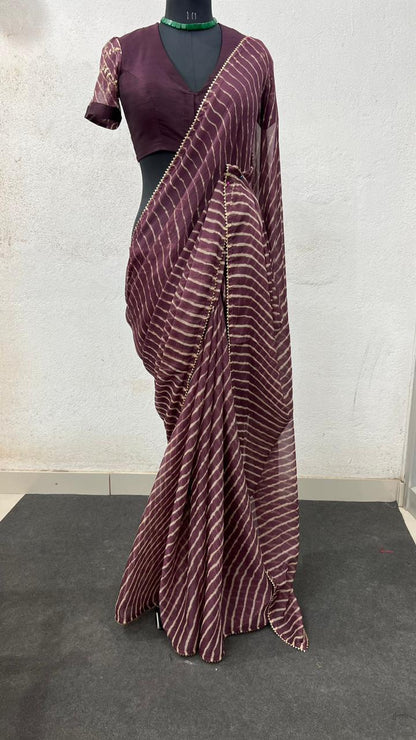 wine chiffon lehariya saree with embroidery blouse