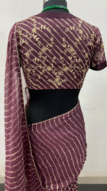 wine chiffon lehariya saree with embroidery blouse