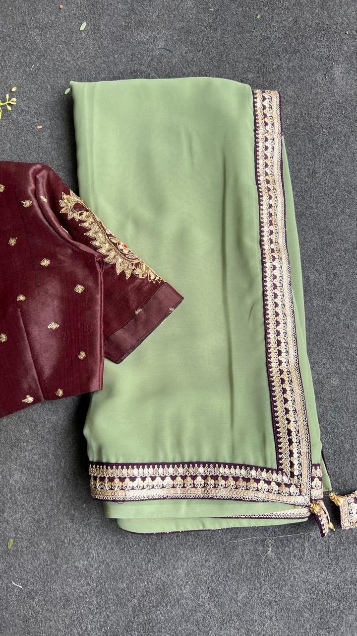 Apple green georgette saree with brown paisley handmade blouse