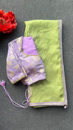 Green jute saree with lavender hand work blouse