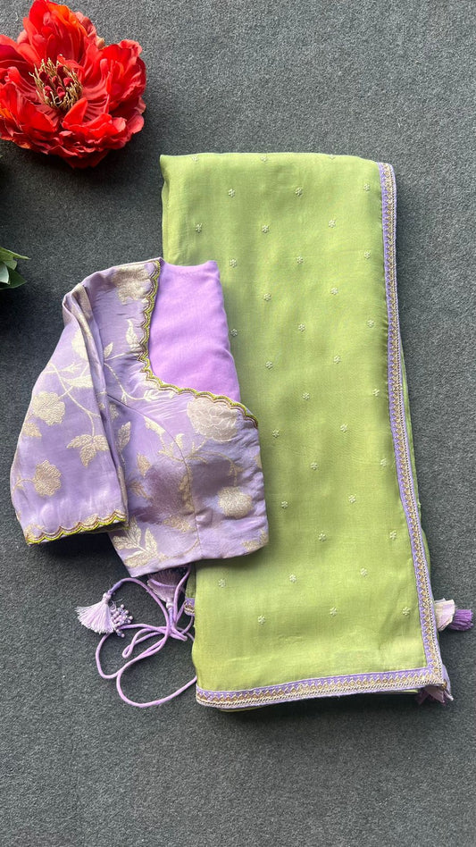 Green jute saree with lavender hand work blouse