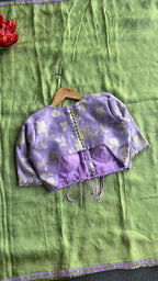 Green jute saree with lavender hand work blouse