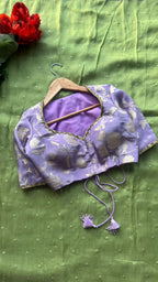 Green jute saree with lavender hand work blouse