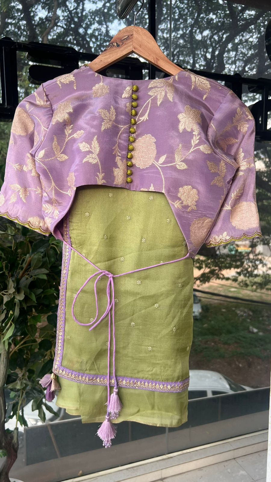 Green jute saree with lavender hand work blouse