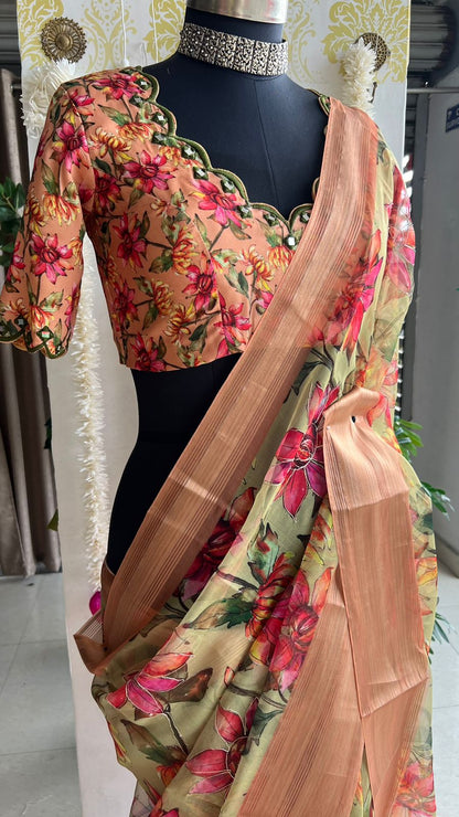 Pista floral organza saree with hand worked blouse