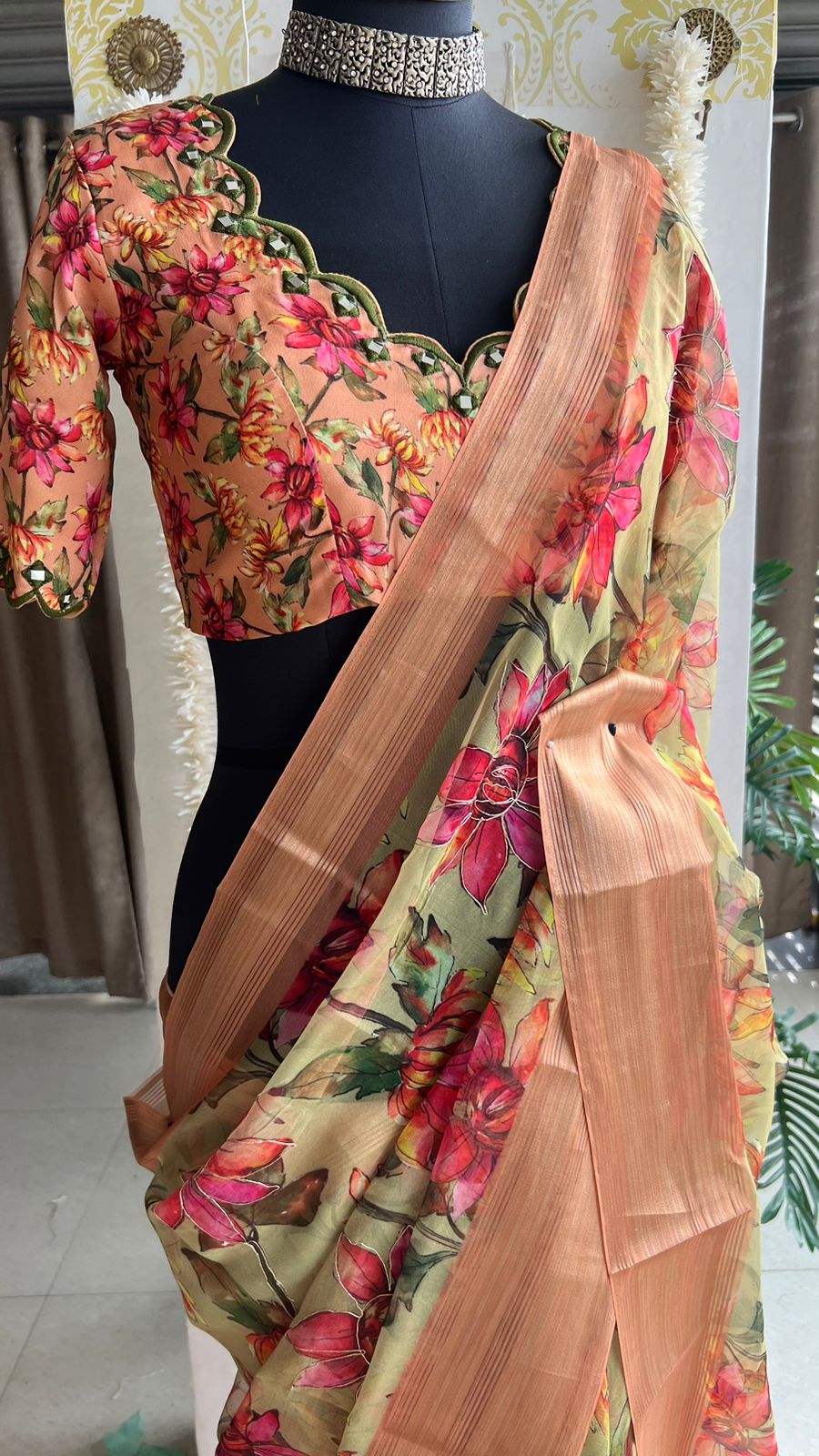 Pista floral organza saree with hand worked blouse
