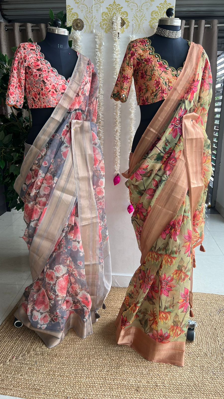 Grey floral organza saree with hand worked blouse