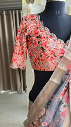 Grey floral organza saree with hand worked blouse