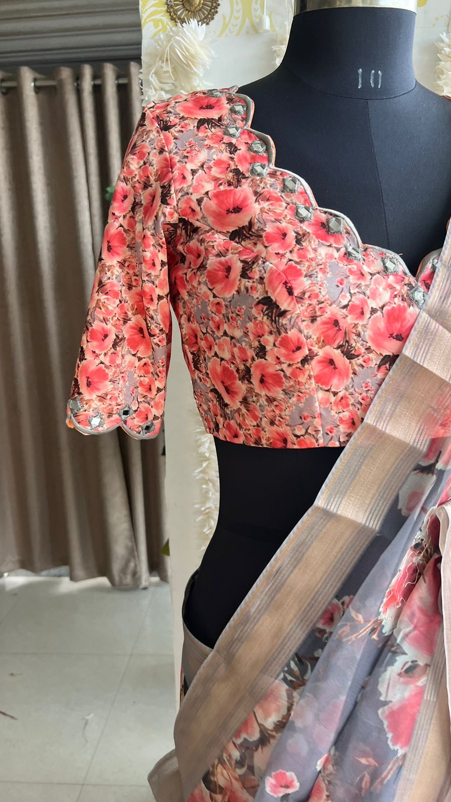 Grey floral organza saree with hand worked blouse