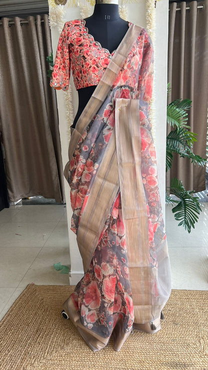 Grey floral organza saree with hand worked blouse