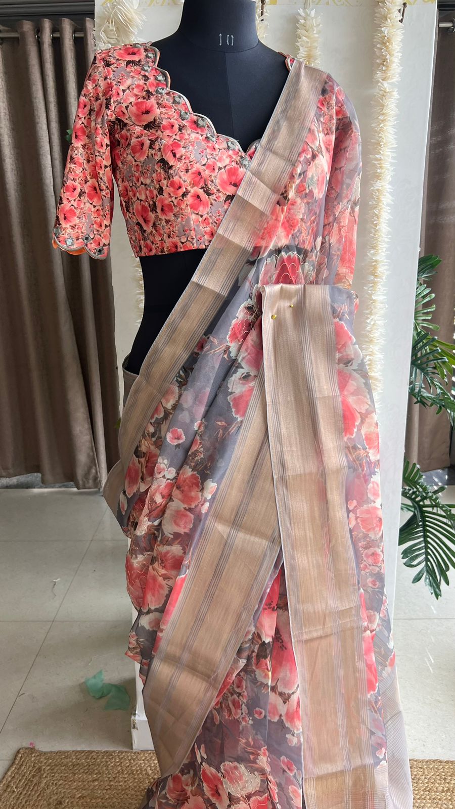 Grey floral organza saree with hand worked blouse