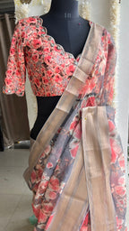 Grey floral organza saree with hand worked blouse