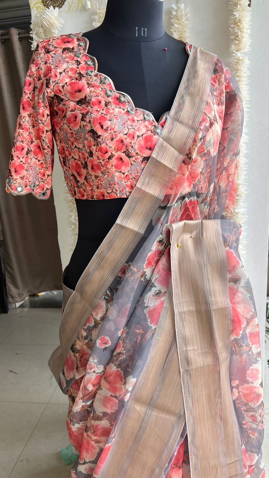 Grey floral organza saree with hand worked blouse