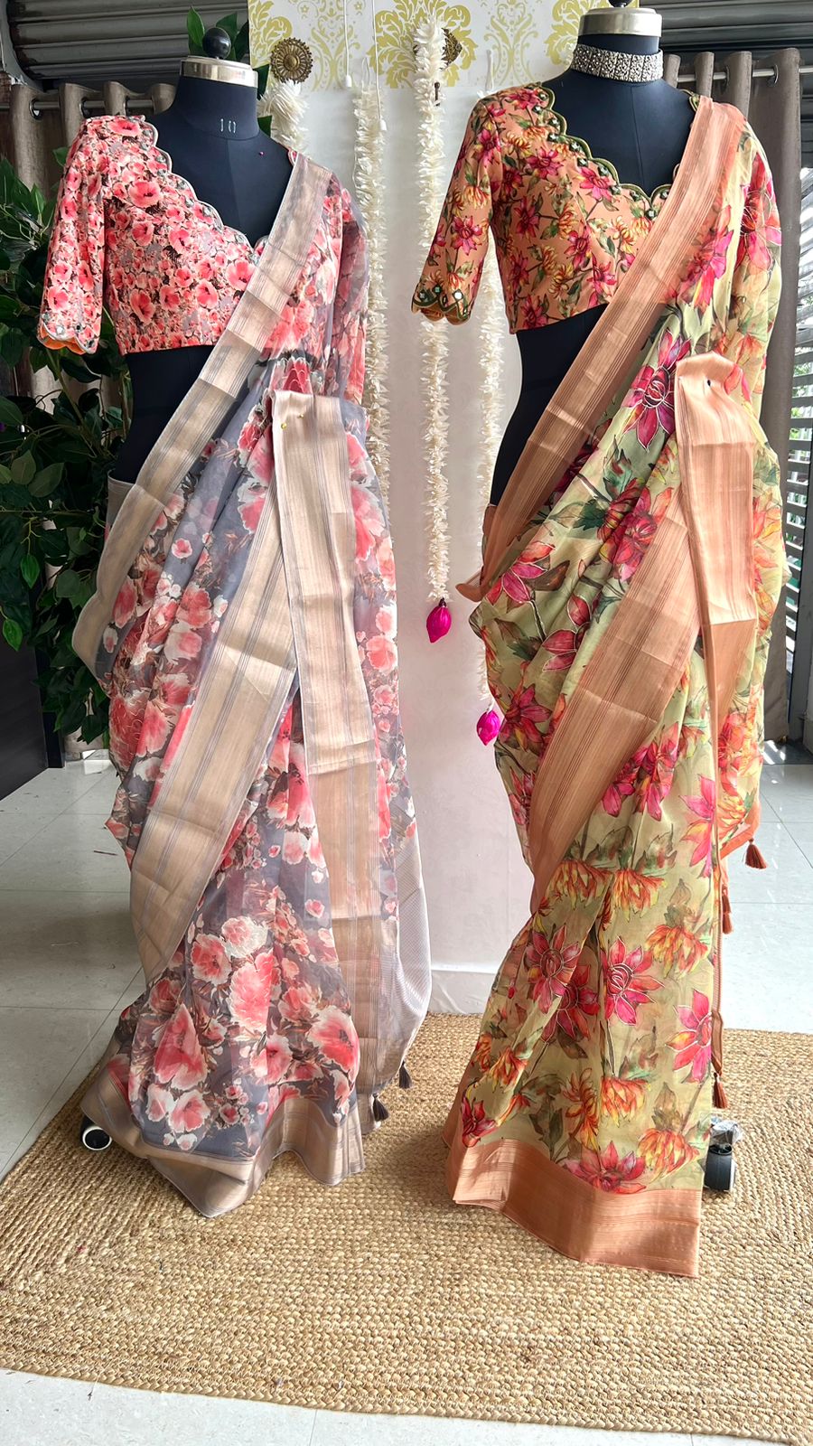 Grey floral organza saree with hand worked blouse