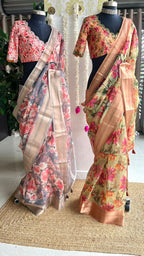 Grey floral organza saree with hand worked blouse