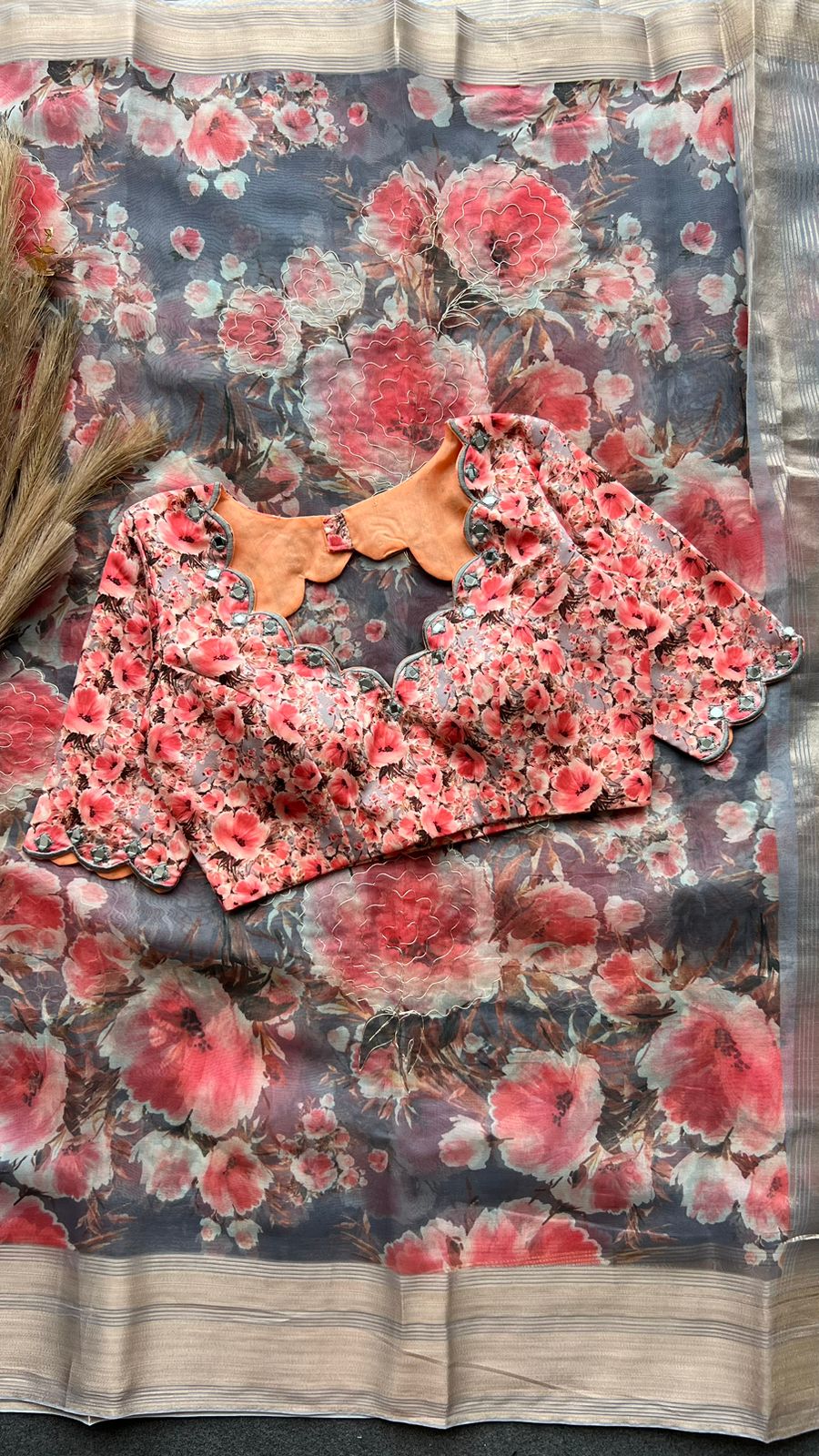 Grey floral organza saree with hand worked blouse
