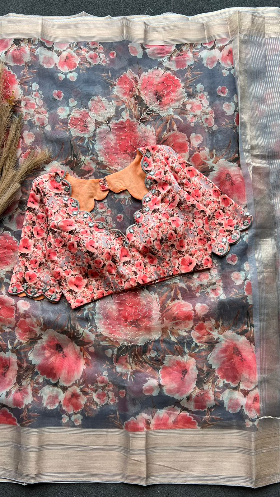 Grey floral organza saree with hand worked blouse