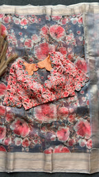 Grey floral organza saree with hand worked blouse