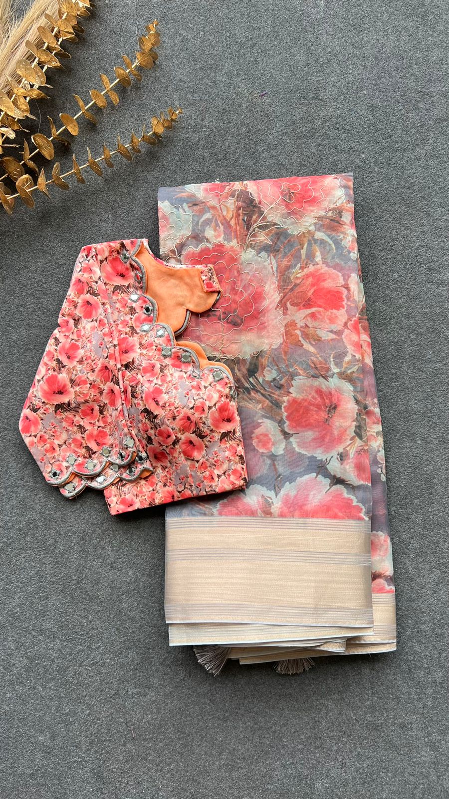 Grey floral organza saree with hand worked blouse