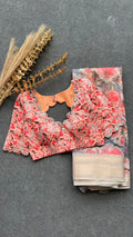 Grey floral organza saree with hand worked blouse