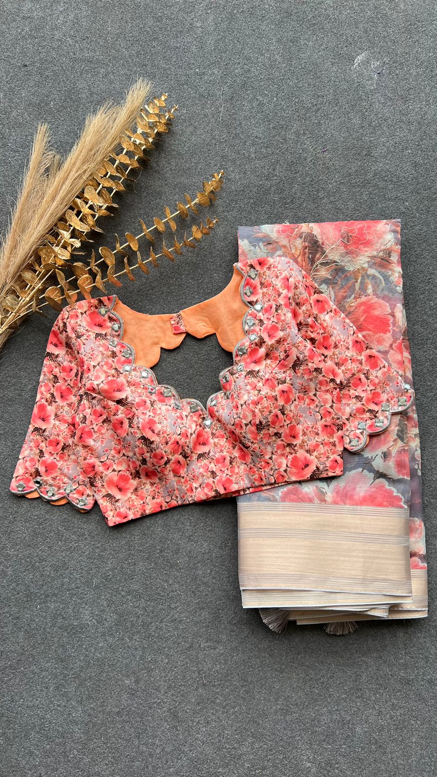Grey floral organza saree with hand worked blouse
