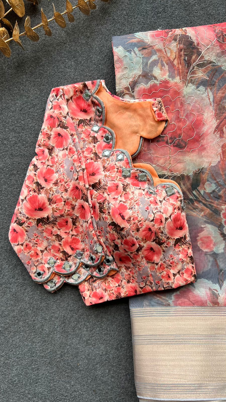 Grey floral organza saree with hand worked blouse